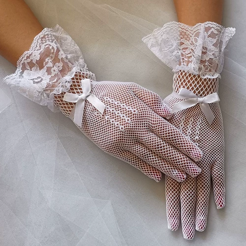 Короткий аксессуар, кружевные белые черные перчатки с бантиком для невесты, свадебный аксессуар