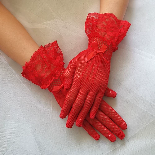 Короткий аксессуар, кружевные белые черные перчатки с бантиком для невесты, свадебный аксессуар