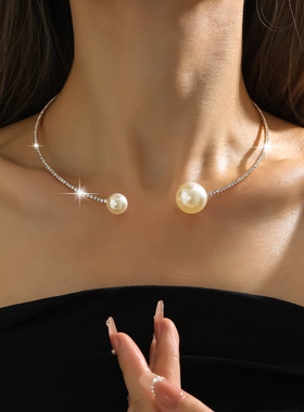 爆款批发供应欧美流行单排镀银项圈手链套装珍珠项圈速卖通热销