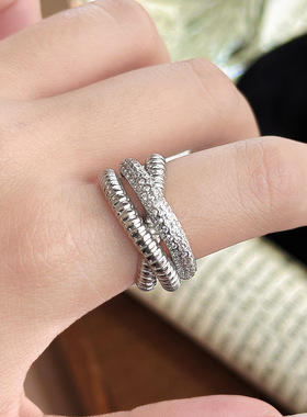 欧美时尚镶嵌锆石滚珠交叉款气质戒指法式宫廷风多层缠绕戒指