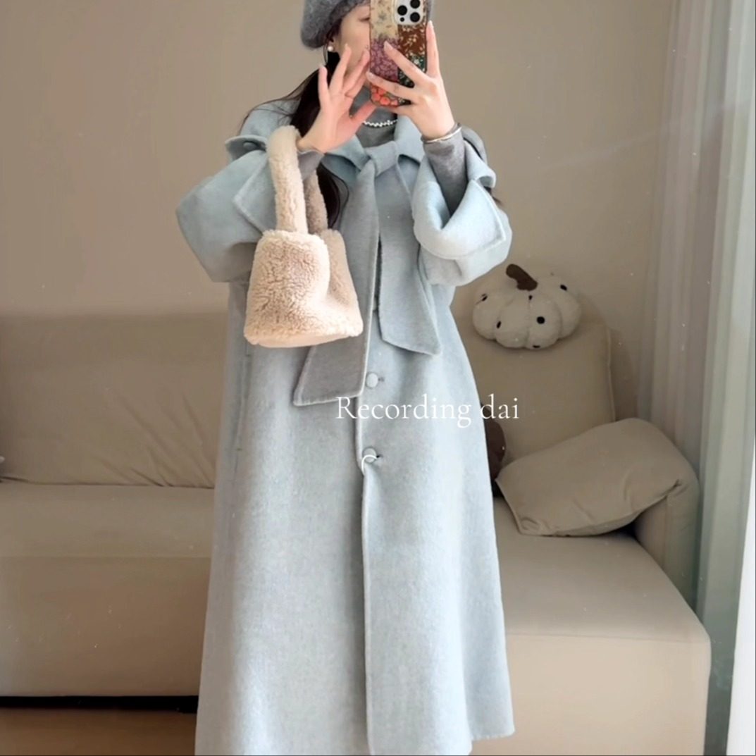 2025秋冬新款韩版蓝色双面呢大衣女羊绒毛外套高级感温柔中长风衣,淘宝优惠券,粉丝福利购,淘宝优惠卷