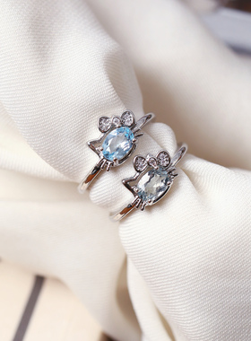 工厂福利 天然天空蓝托帕石镀银镶嵌小猫款戒指 女彩宝水晶指环