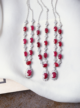 精品彩宝天然老烧红宝石纯银镶嵌款项链女款精工银镶嵌宝石饰品