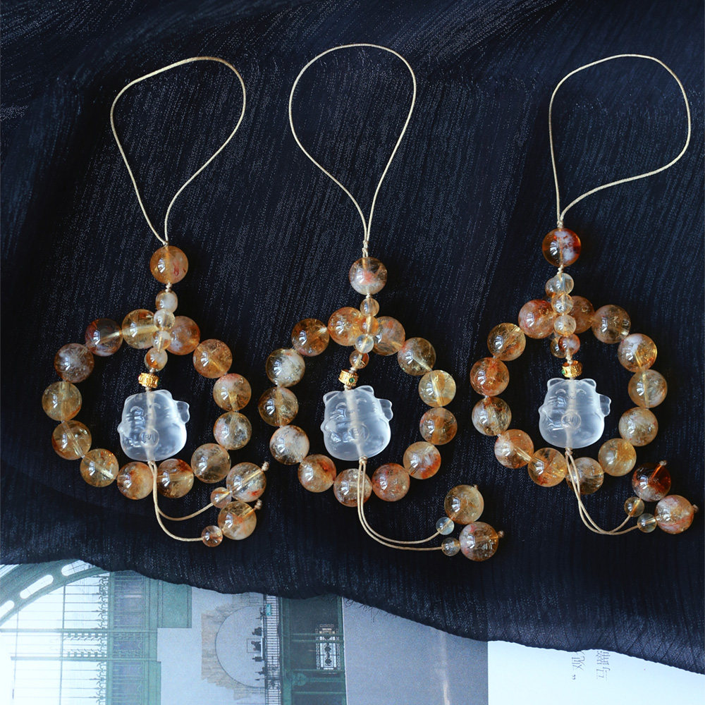天然黄水晶圆珠搭配白水晶招财猫原创搭配款手机挂绳女款水晶饰品,淘宝优惠券,粉丝福利购,淘宝优惠卷