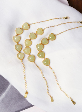 天然和田玉黄口纯银镶嵌爱心款手链 女款玉石简约款银手链饰品