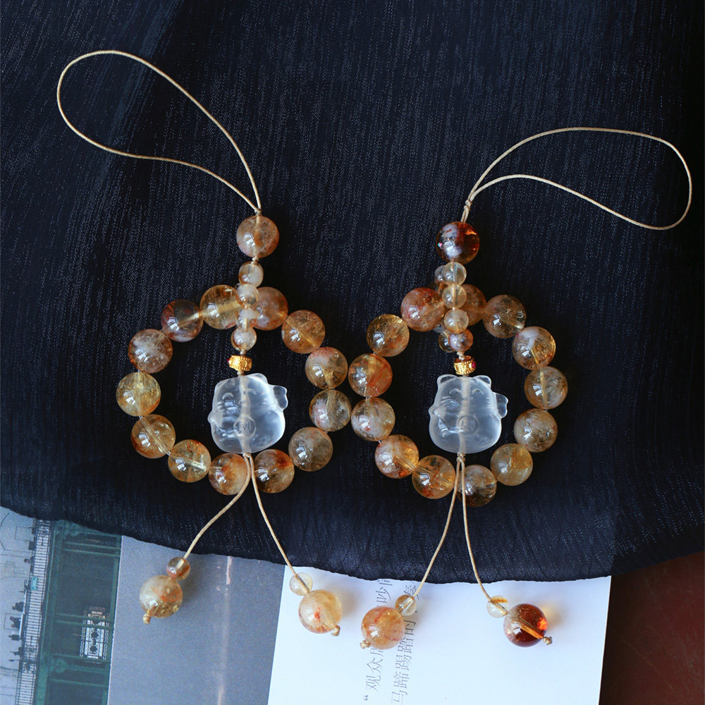 天然黄水晶圆珠搭配白水晶招财猫原创搭配款手机挂绳女款水晶饰品,淘宝优惠券,粉丝福利购,淘宝优惠卷