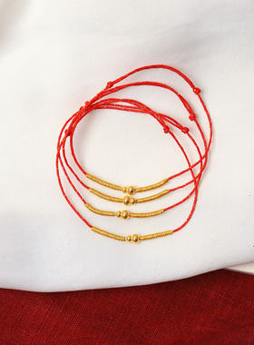 18K金亮面小葫芦编织款红绳款手链 可调节 女款简约K金手绳饰品
