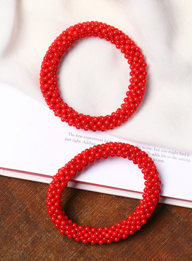 天然海竹烤色处理圆珠编织款手链 女款新年红色手串饰品礼物