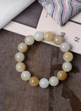 精品天然和田玉糖白俏色圆珠手链 男女款高端玉石手串饰品礼物