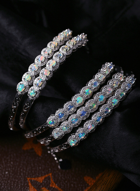 天然欧珀镀银镶嵌款手镯 火彩好 女款彩宝镯子饰品礼物