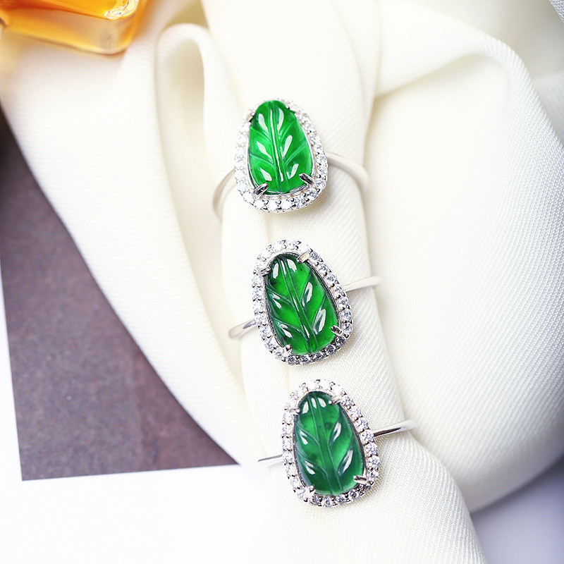 天然A货翡翠危料帝王绿叶子纯银镶款戒指 女款时尚翡翠戒指饰品,淘宝优惠券,粉丝福利购,淘宝优惠卷