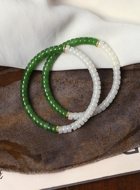 精品天然和田玉冰料白玉搭配碧玉直切盘珠原创搭配款手链 男女款