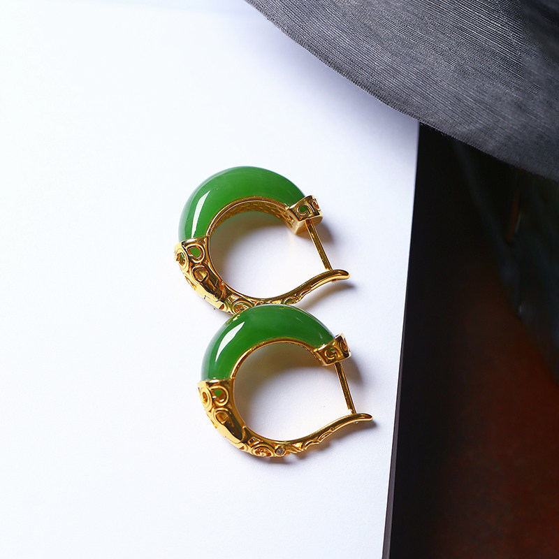 天然俄罗斯碧玉菠菜绿纯银镶嵌款耳扣耳环 女款玉石精品耳饰礼物,淘宝优惠券,粉丝福利购,淘宝优惠卷