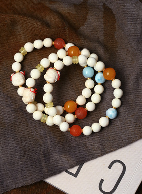 天然猛犸象牙圆珠搭配水晶珠配件原创手链 女猛犸手串设计款饰品