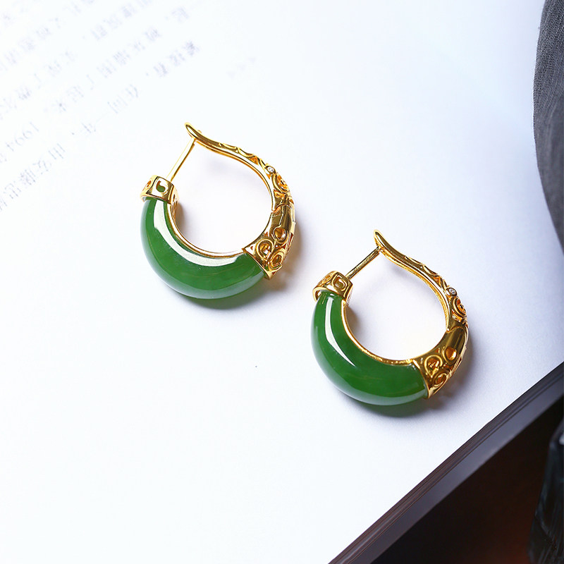 天然俄罗斯碧玉菠菜绿纯银镶嵌款耳扣耳环 女款玉石精品耳饰礼物,淘宝优惠券,粉丝福利购,淘宝优惠卷