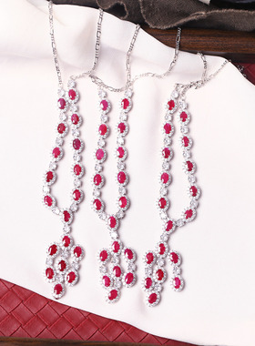 精品彩宝 天然老烧红宝石纯银镶嵌款项链 女款精工银镶嵌宝石饰品