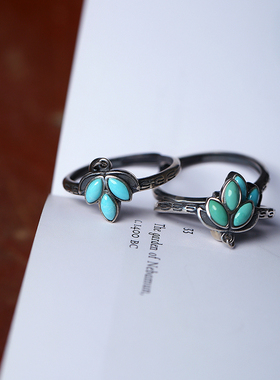 天然湖北原矿绿松石纯银复古托镶嵌款戒指 女款绿松石手饰饰品