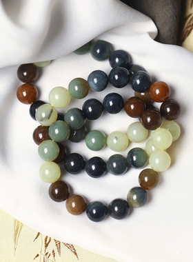 天然和田玉新疆料楼兰三色多宝色圆珠款单圈手链男女款玉石老油料