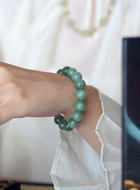 精品 天然俄罗斯碧玉粉青料圆珠手链 女款高端玉石简约款手串HN