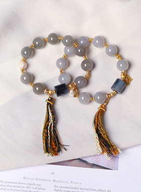 天然和田玉冰料烟灰圆珠搭配青花桶珠原创款手链女款玉石手串饰品