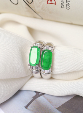 天然A货翡翠危料帝王绿蛋面镀银镶嵌马鞍款戒指 女款翡翠指环饰品