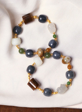 天然和田玉青花籽料搭配糖料原创款手链 女款玉石设计款手串饰品