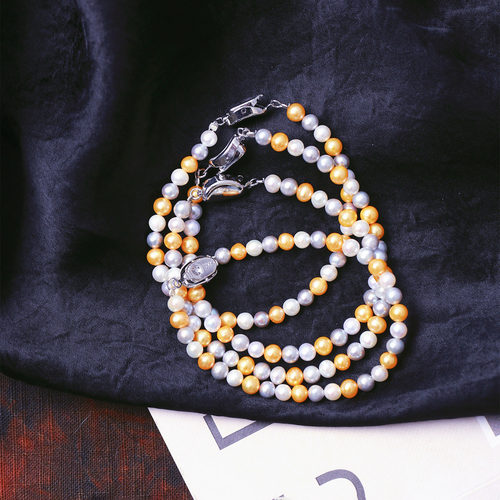 天然淡水珍珠灰金白三色原创手链单圈多宝拼色女款珍珠简约款手串 - 图2