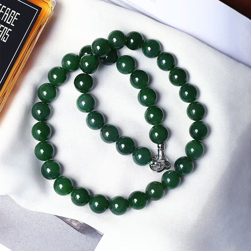天然俄罗斯碧玉老料菠菜绿圆珠款项链 女款玉石高端妈妈项链饰品,淘宝优惠券,粉丝福利购,淘宝优惠卷
