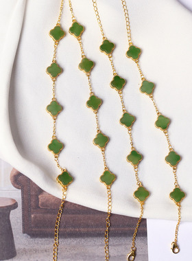 天然俄罗斯碧玉四叶草纯银镶嵌款手链 女款玉石简约时尚手链饰品