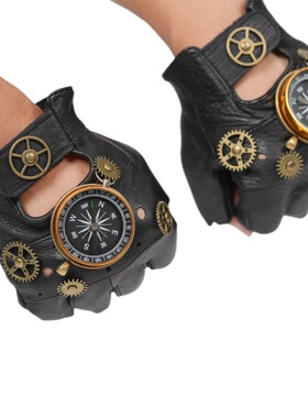欧美蒸汽朋克皮手套齿轮半指手套指南针Leather steampunk gloves