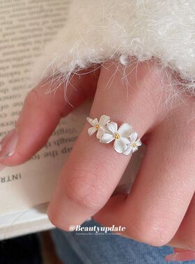 韩系ins素银花朵开口戒指甜美戒