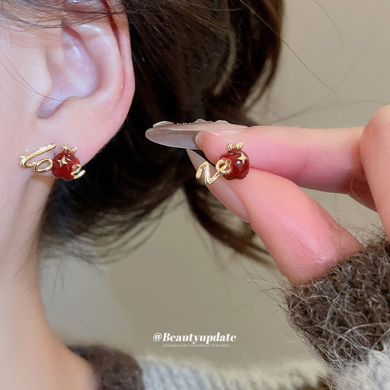 18k真金电镀滴油星星苹果耳钉复古港风气质耳环轻奢高级感耳饰女 - 图0