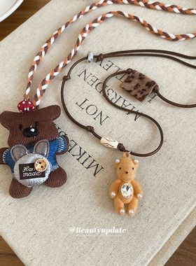 木珠镶钻小熊珍珠项链卡通创意轻奢高级感毛衣链设计感小众项饰女