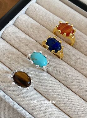 真金电镀石头椭圆形开口戒指欧美