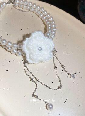 法式复古针织花朵珍珠项链优雅气质甜美小众锁骨链轻奢高级感颈链