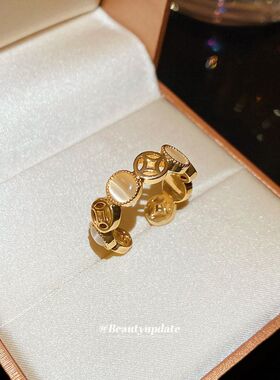 几何女圆形戒小众镂空时尚戒指铜钱欧美开口设计感猫眼石食指指环