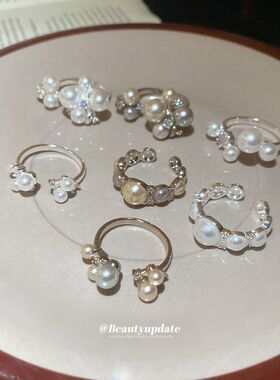 法式复古锆石圆形珍珠开口戒指