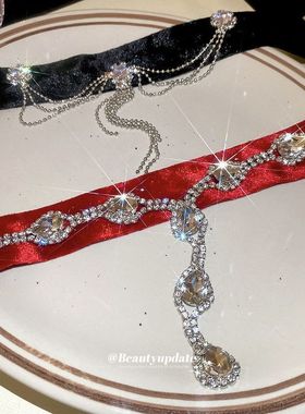 金丝绒镶钻圆形流苏颈链甜酷潮流