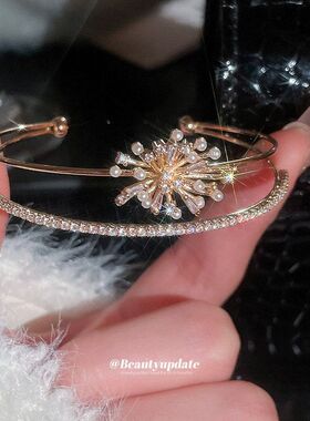 手镯欧美锆石时尚百搭珍珠双层手饰烟花手环女气质高级感轻奢开口