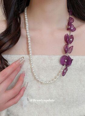 珍珠雪纺花串珠项链新中式简约