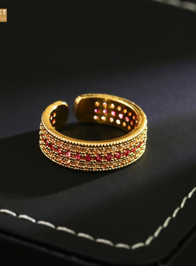 XKDDCT新款古法沙金红钻宽口戒
