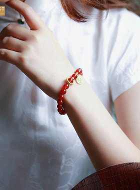 XKDDCT新款8MM红手链女福牌玉高