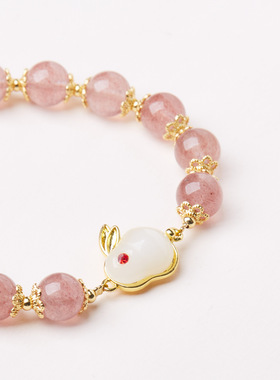 XKDDCT天然8MM玉兔手链女桃花朵