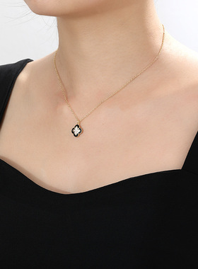 XKDDCT黑色四叶花贝母项链春夏季