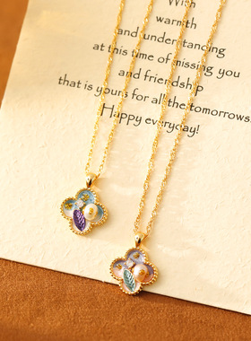 XKDDCT油画风项链女四叶花滴釉珍