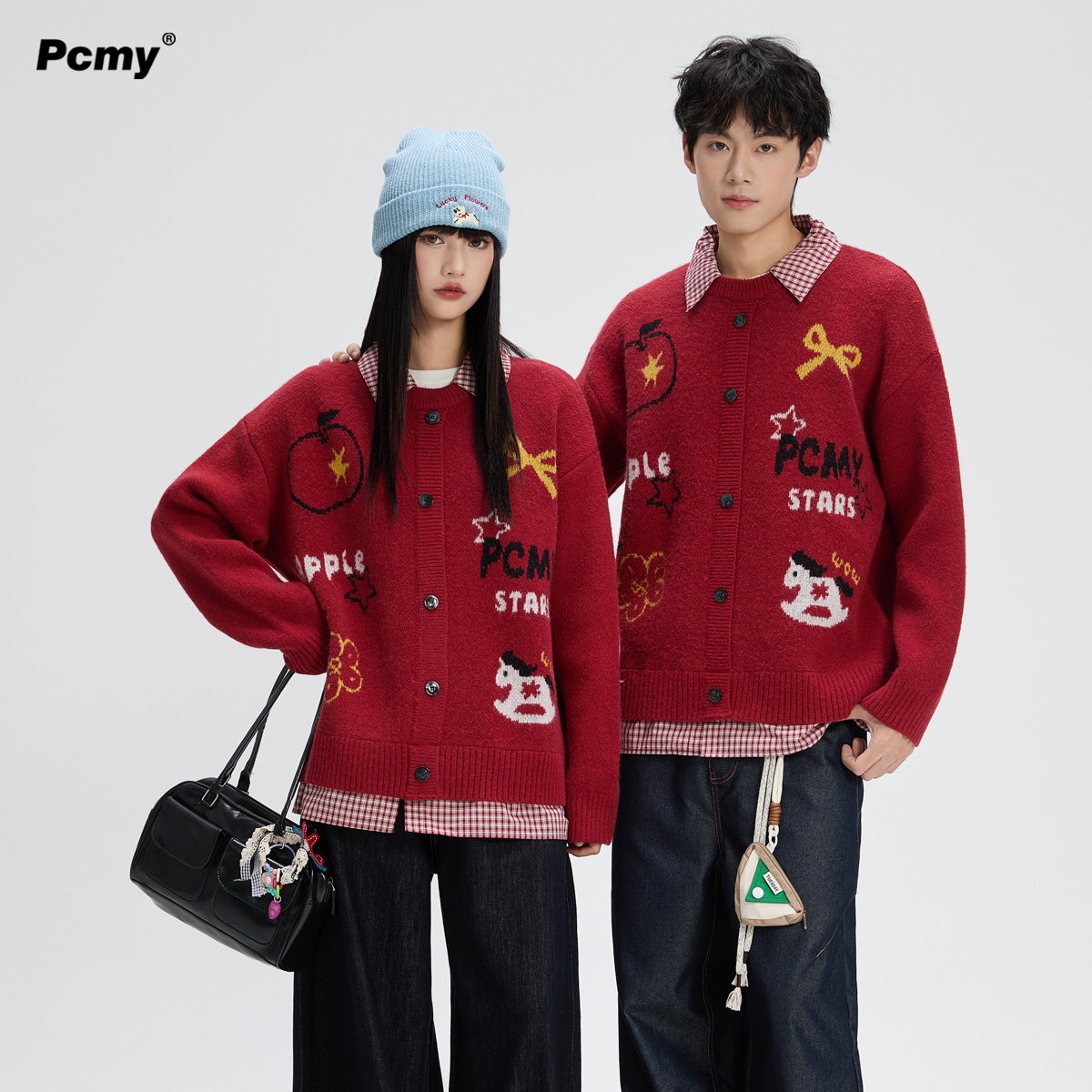 PCMY假两件红色毛衣男女冬季2026跨年穿搭新年款慵懒风情侣针织衫,淘宝优惠券,粉丝福利购,淘宝优惠卷