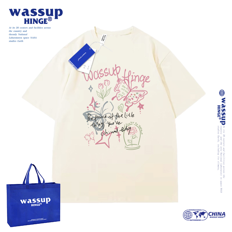 WASSUP HINGE美式潮牌圆领短袖T恤2024夏季新款宽松纯棉上衣体恤 - 图1