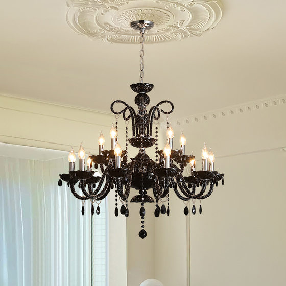 French living room chandelier, retro crystal lamp, black medieval main lamp, high-end designer master bedroom lamps, atmospheric