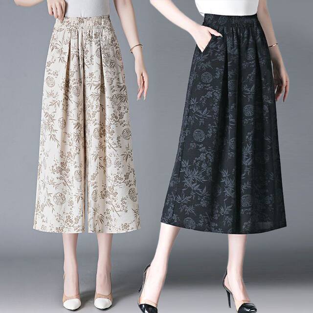 ແບບແຫ່ງຊາດ Ice Silk Wide Leg Cropped Pants 2025 Summer New High Waist Pants Casual Loose Cool Thin Skirts for Women