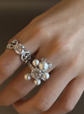 小众设计感闪亮锆石珍珠可爱小熊戒指轻奢个性高级感开口戒指指环